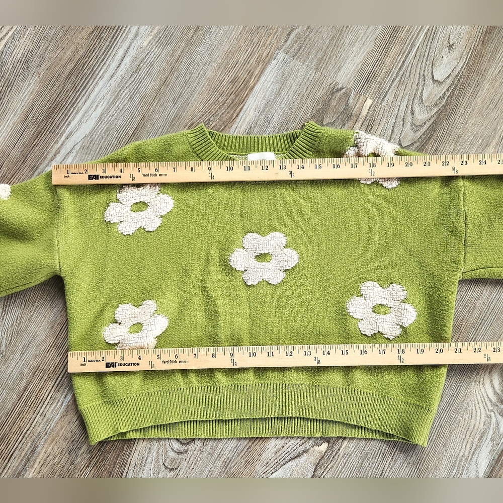 Luna Ivy Lime 3D Ivory Daisy Cropped Sweater Womens L Long Sleeve Retro Crew - Picture 12 of 13